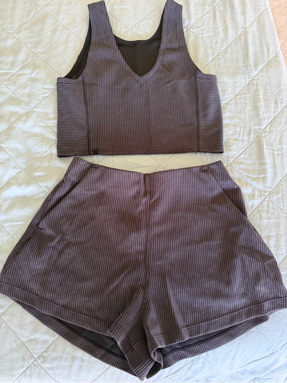 Ribbed High-Waist Women’s Shorts and Tank in Charcoal Gray